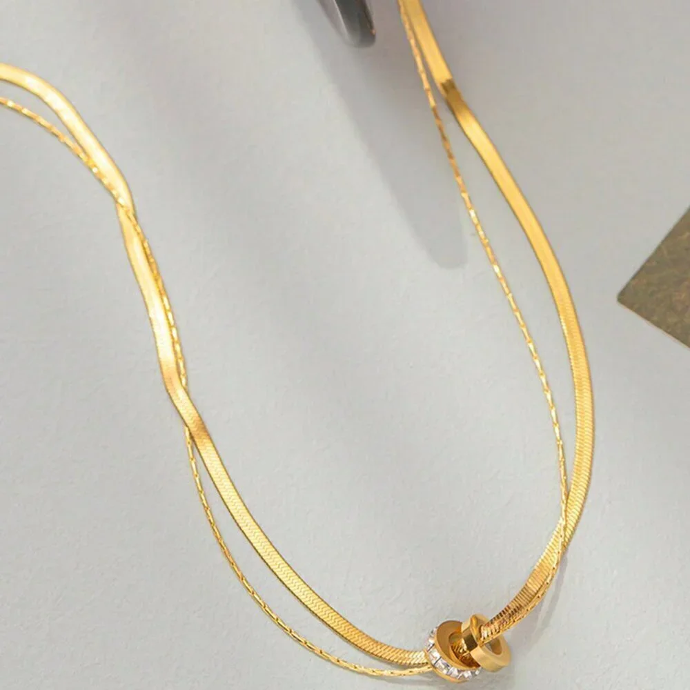 Silver Casual Women's Stainless Steel Round Cz Inlaid Double Layer Necklace